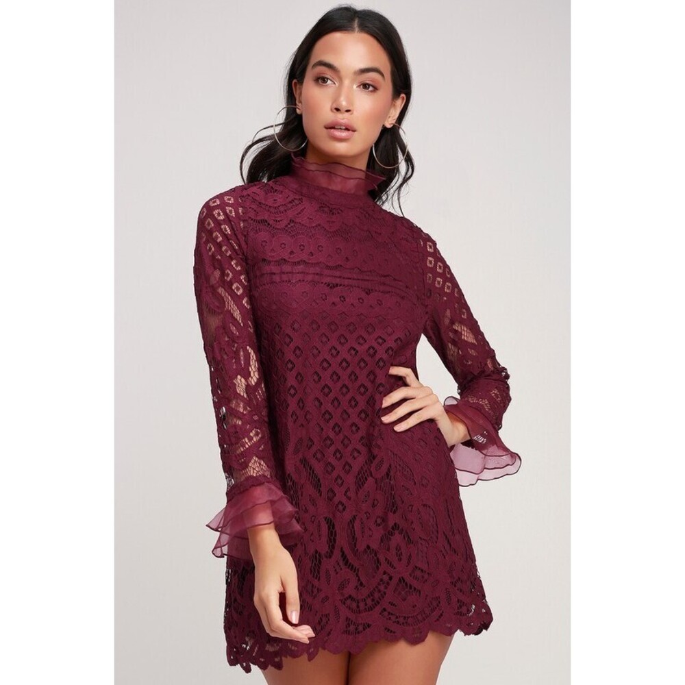 Lulus Love And Joy Burgundy Lace Long Sleeve Shift Dress Red - Size M